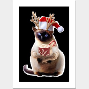 Siamese Cat Cats Reindeer Deer Christmas Xmas Drinking Posters and Art